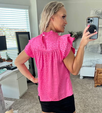 Pretty in Pink Leopard Flutter Sleeve Frill Neck Satin Blouse