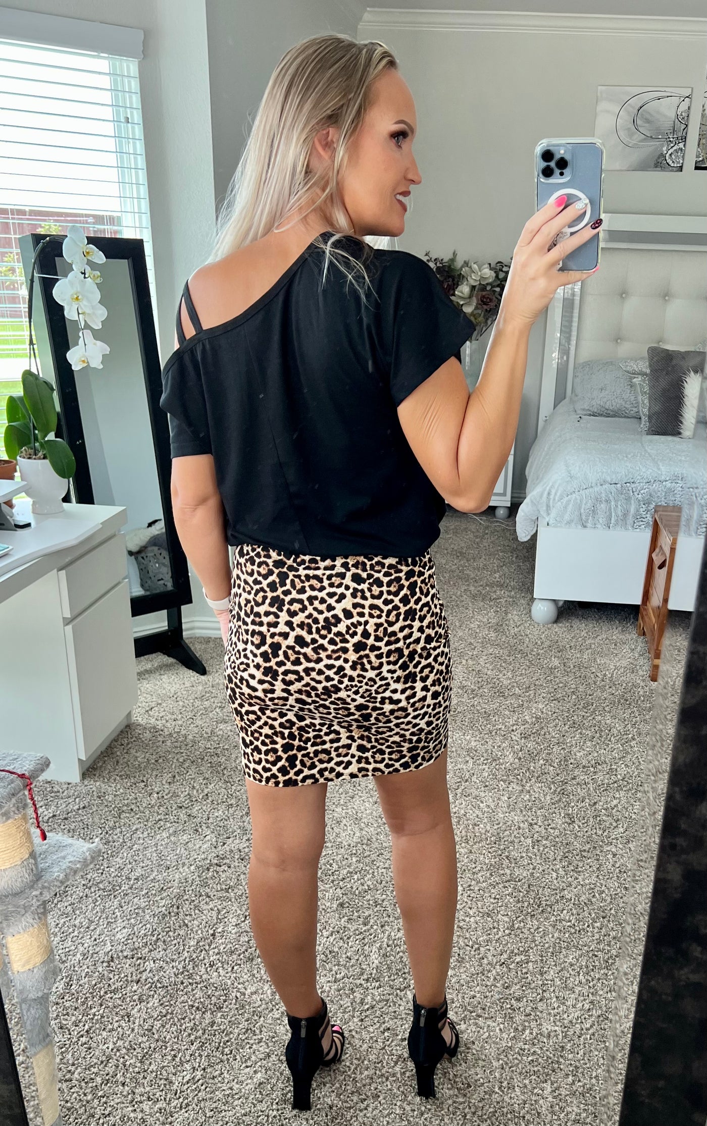 Erika Leopard Print Ruched Tulip Hem Mini Skirt