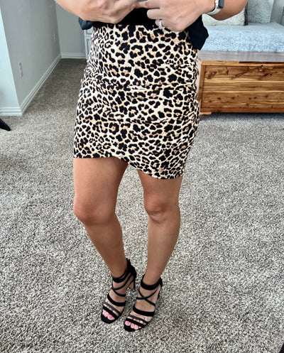 Erika Leopard Print Ruched Tulip Hem Mini Skirt