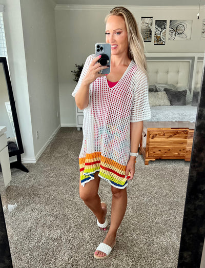 Summertime Rainbow Stripe Openwork Slit Cover-Up