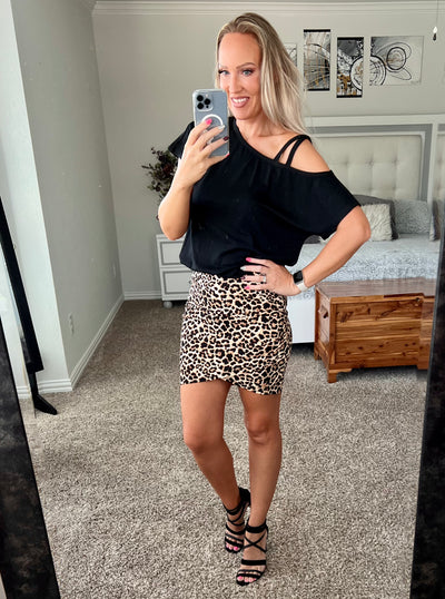 Erika Leopard Print Ruched Tulip Hem Mini Skirt