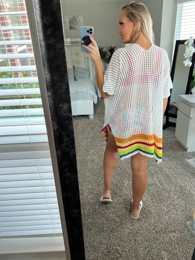 Summertime Rainbow Stripe Openwork Slit Cover-Up