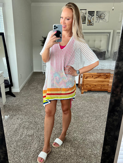 Summertime Rainbow Stripe Openwork Slit Cover-Up