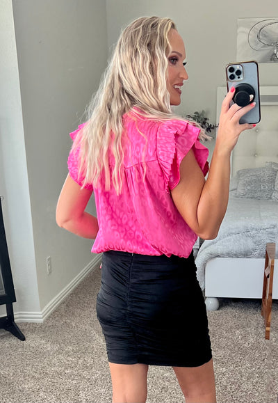 Pretty in Pink Leopard Flutter Sleeve Frill Neck Satin Blouse