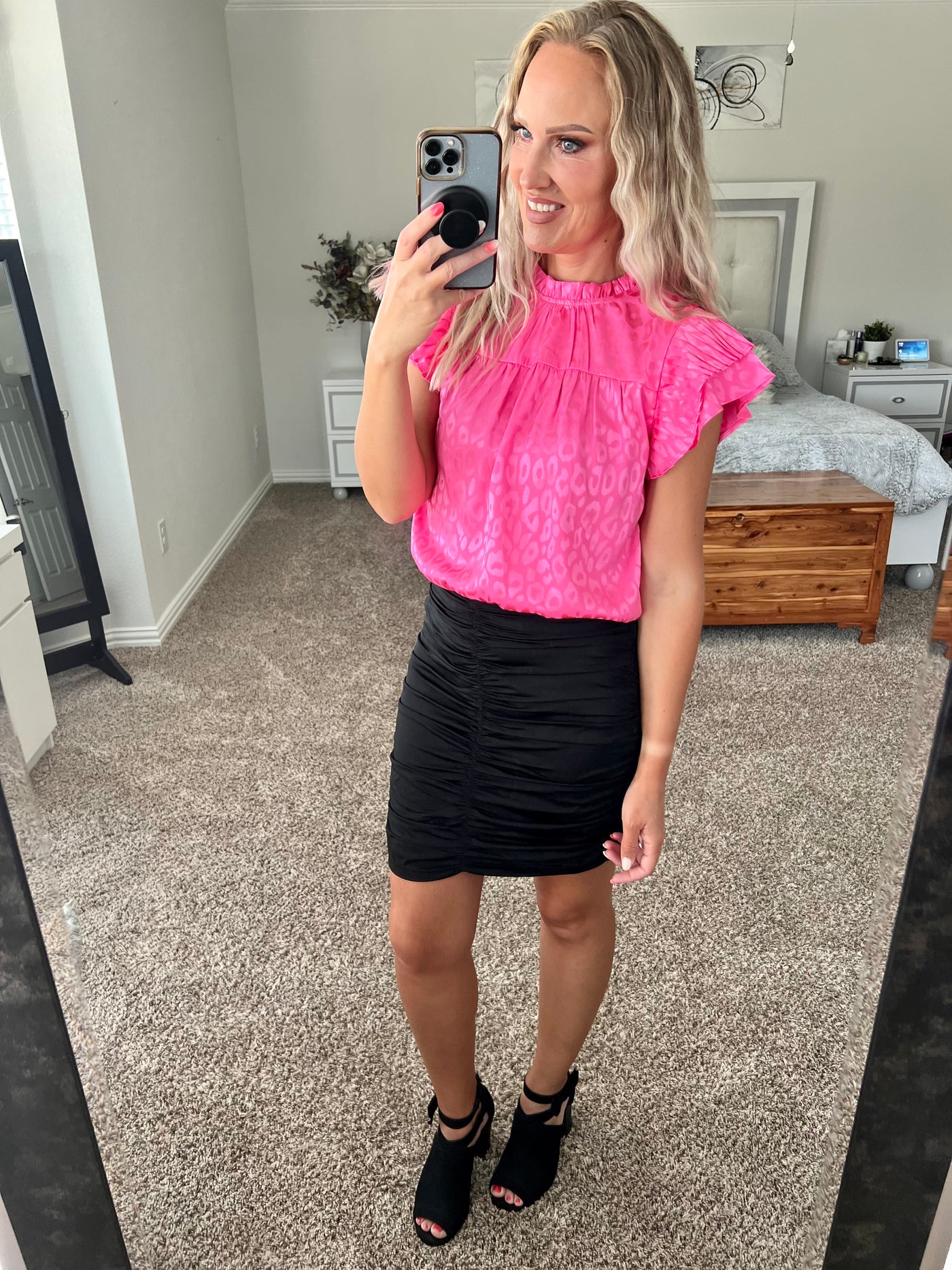 Pretty in Pink Leopard Flutter Sleeve Frill Neck Satin Blouse