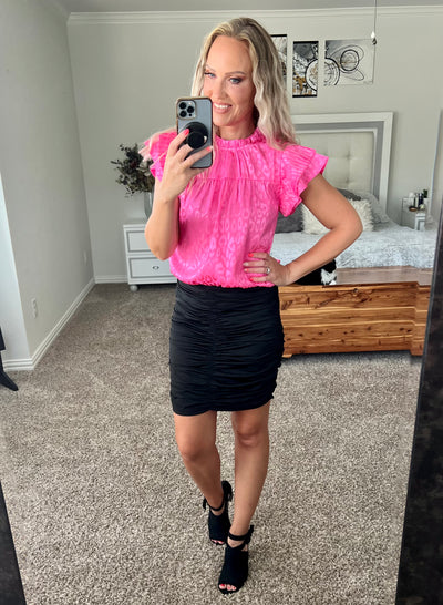 Pretty in Pink Leopard Flutter Sleeve Frill Neck Satin Blouse