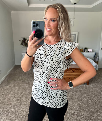 Harper Printed Round Neck Flutter Sleeve Top