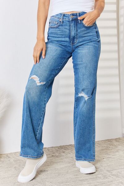 Justina Distressed Straight Leg Tummy Control High Waisted Judy Blue Jeans