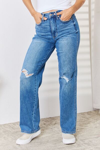 Justina Distressed Straight Leg Tummy Control High Waisted Judy Blue Jeans