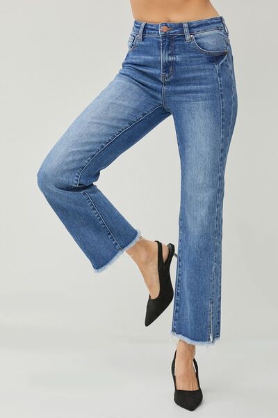 Trisha RISEN High Waist Raw Hem Slit Straight Jeans