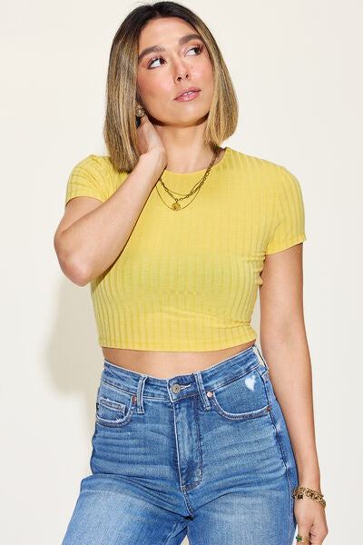 Bailee Ribbed Round Neck Short Sleeve Cropped Top