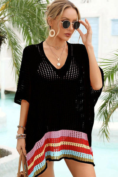 Summertime Rainbow Stripe Openwork Slit Cover-Up