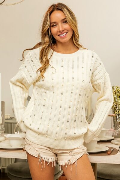 Hadley Pearl & Rhinestone Decor Long Sleeve Sweater