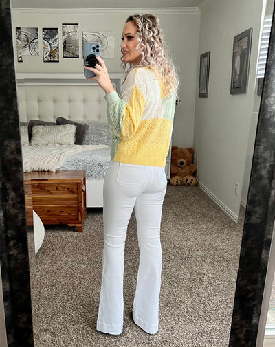 Serenity Yellow, sage and white color block sweater