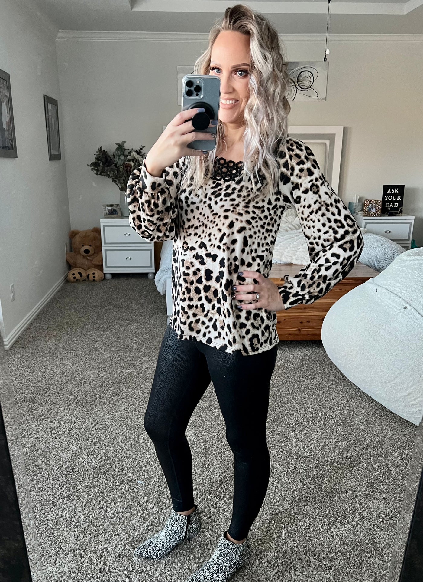 Liana leopard print balloon sleeved velvet blouse