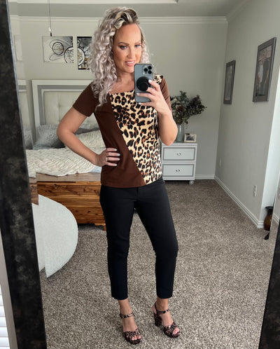 Lizzy Leopard Print Color Block Asymmetrical Neck Top
