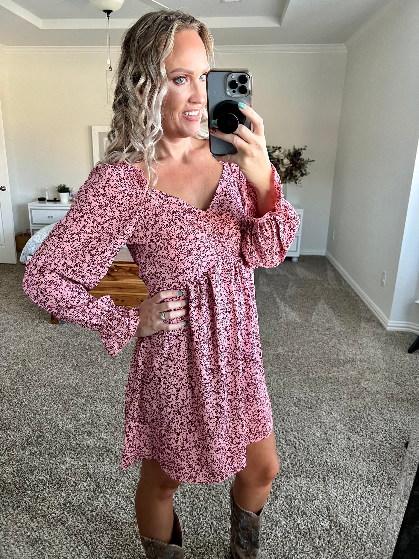 Brinley Printed Tie Back Flounce Sleeve Dress