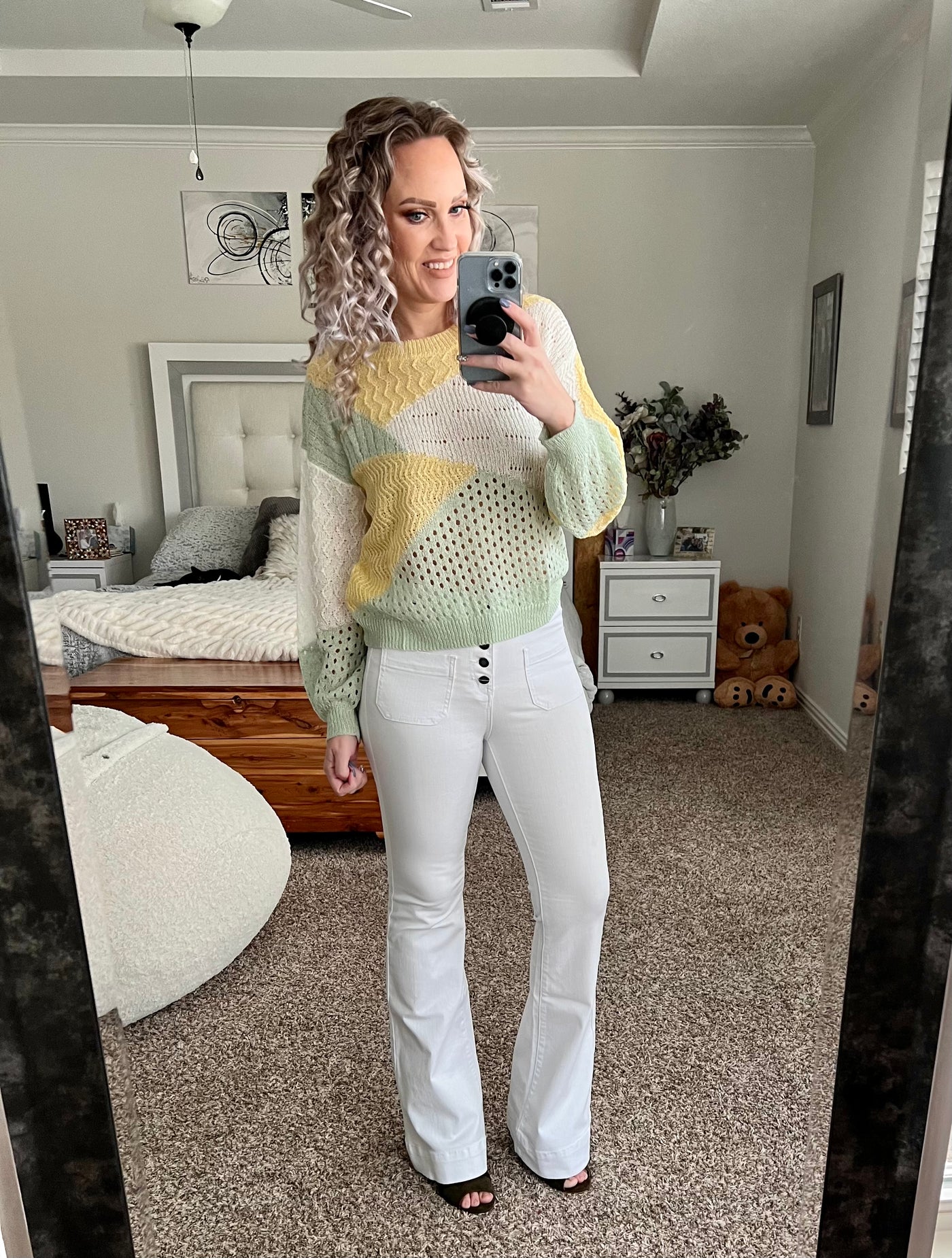 Serenity Yellow, sage and white color block sweater