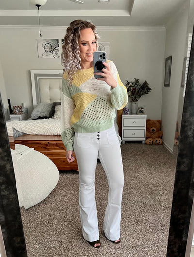 Serenity Yellow, sage and white color block sweater