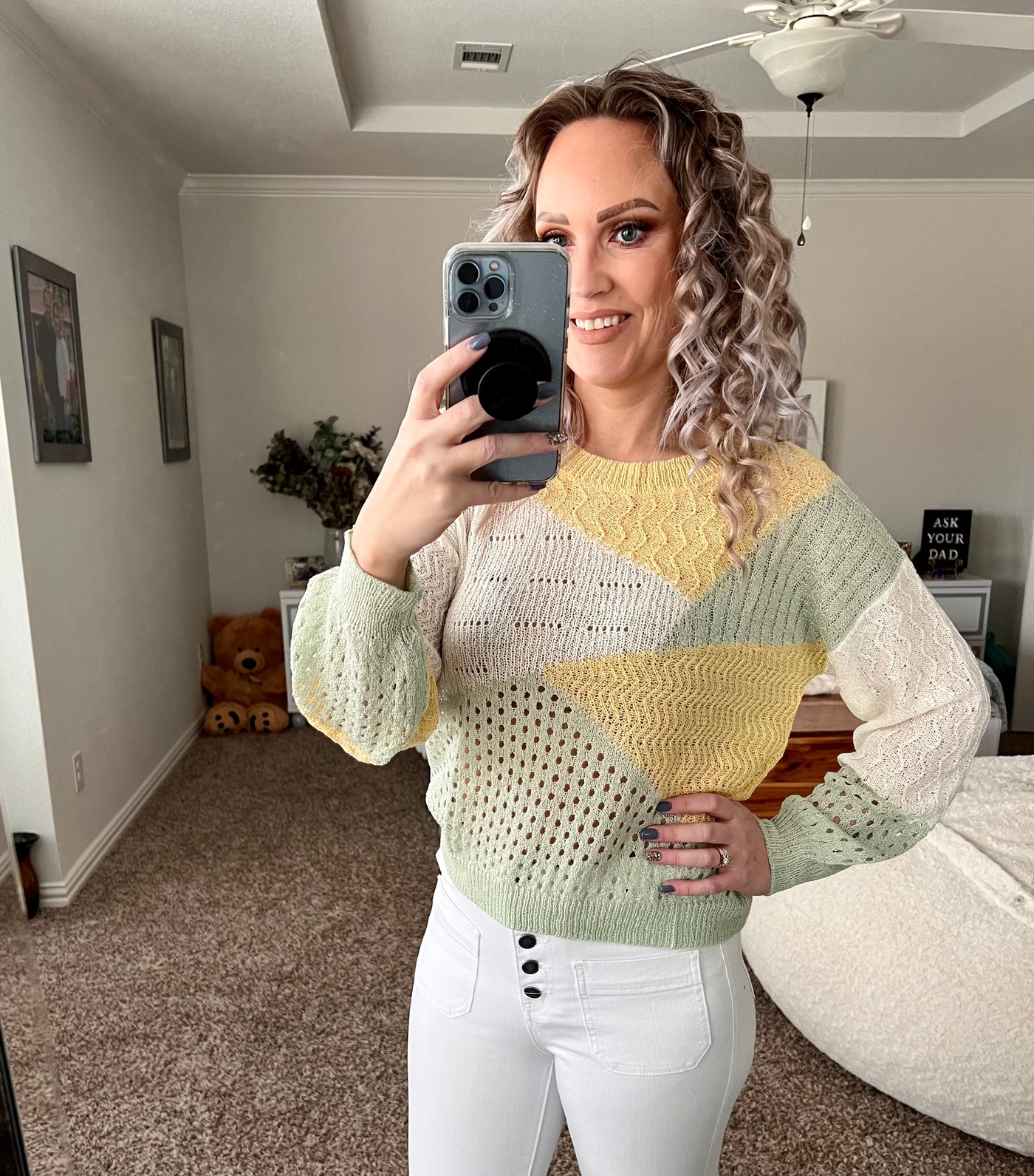 Serenity Yellow, sage and white color block sweater