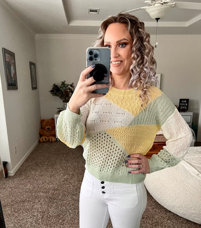 Serenity Yellow, sage and white color block sweater