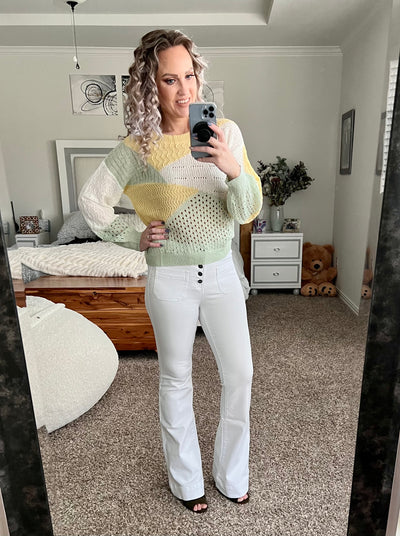 Serenity Yellow, sage and white color block sweater