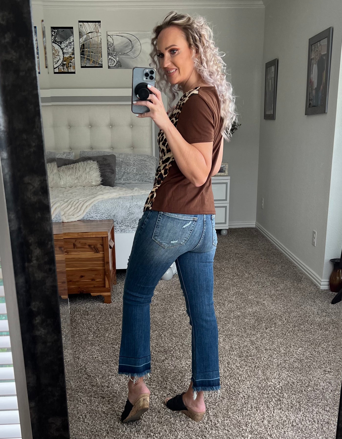 Lizzy Leopard Print Color Block Asymmetrical Neck Top