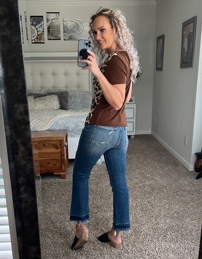 Lizzy Leopard Print Color Block Asymmetrical Neck Top