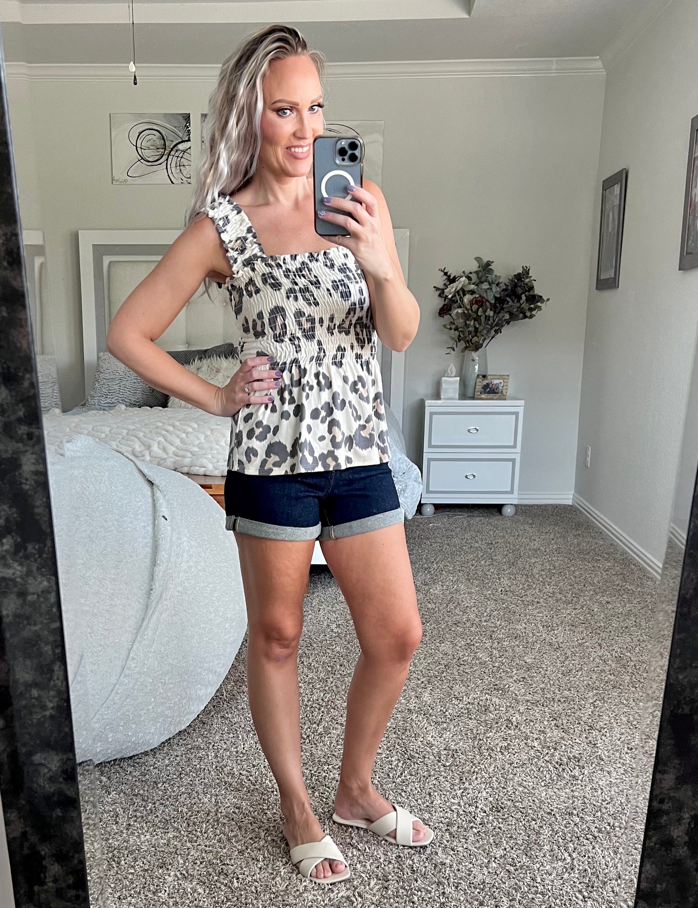 Lorielle Leopard Brushed Knit Smocked Peplum Top