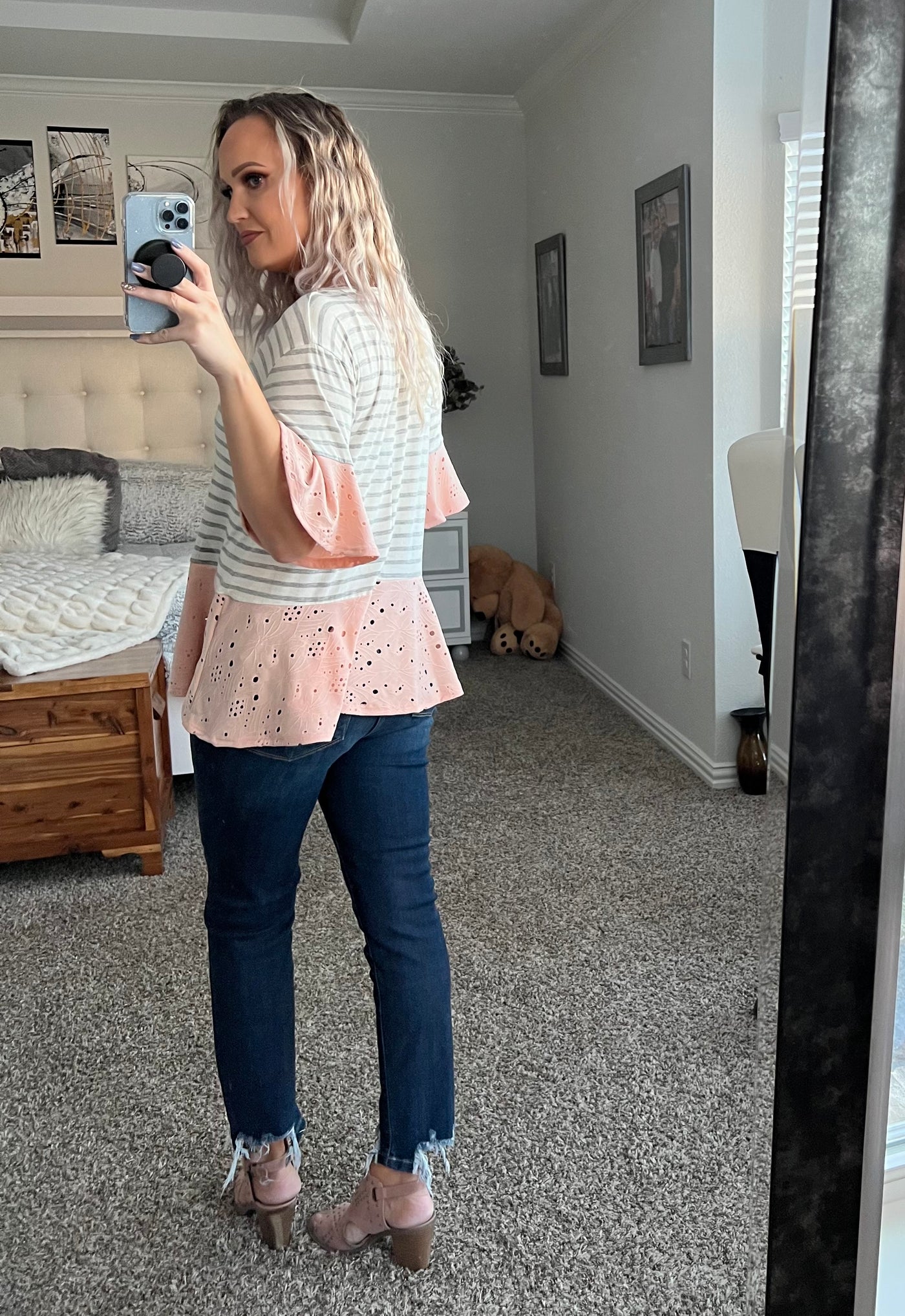 Stephanie Eyelet Ruffle Striped Top