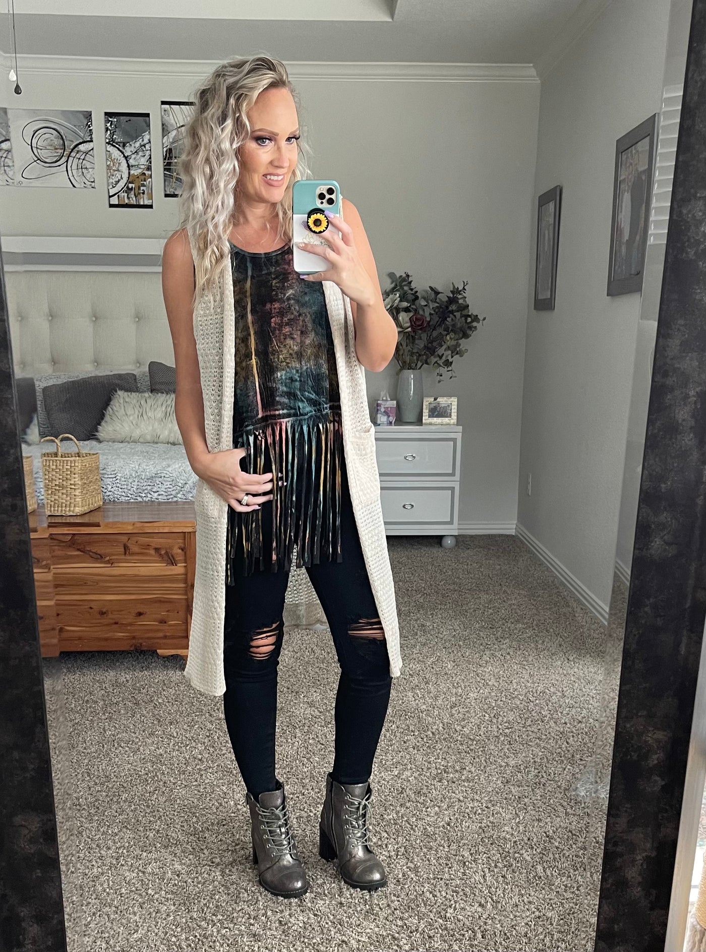 Tan open knit duster