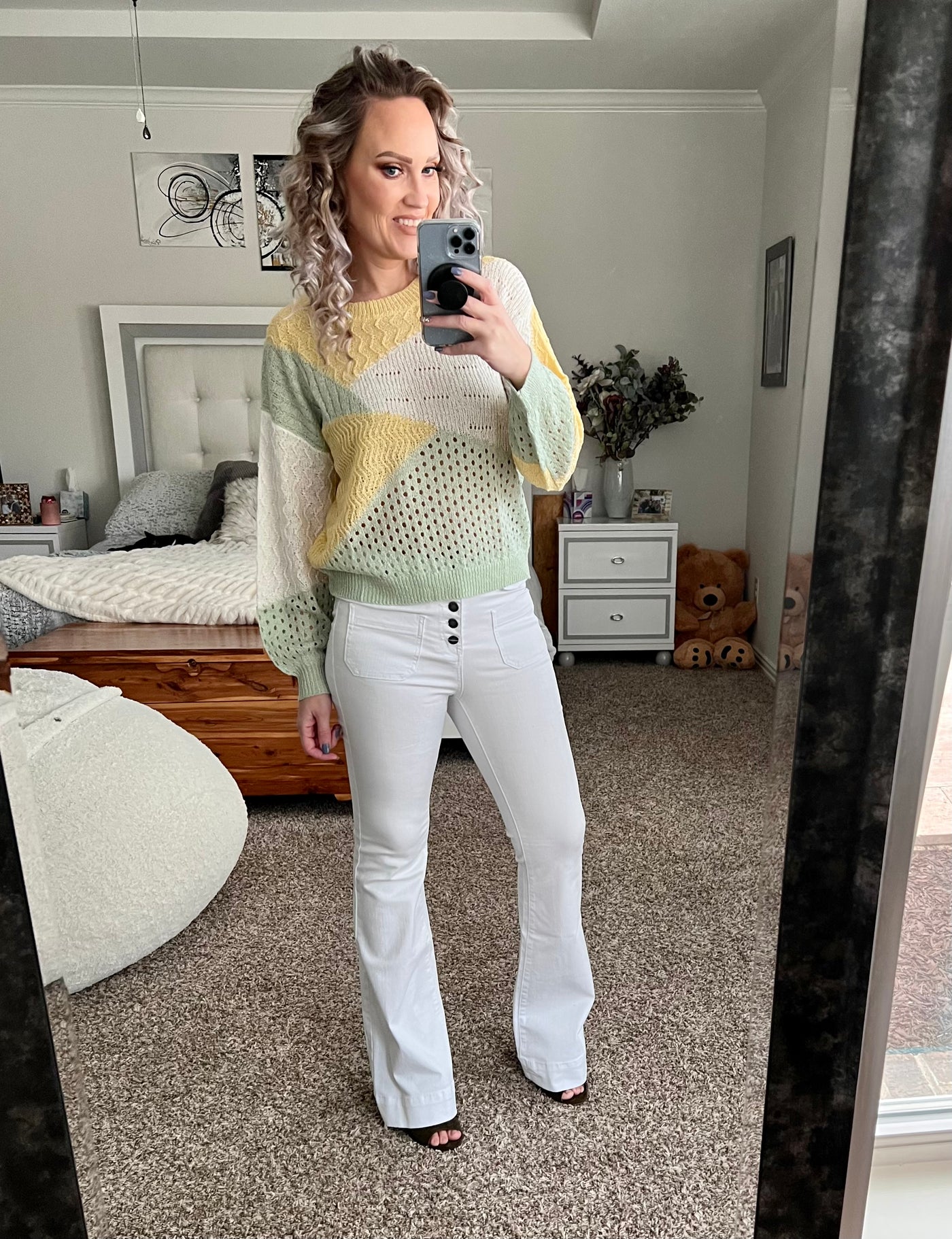 Serenity Yellow, sage and white color block sweater