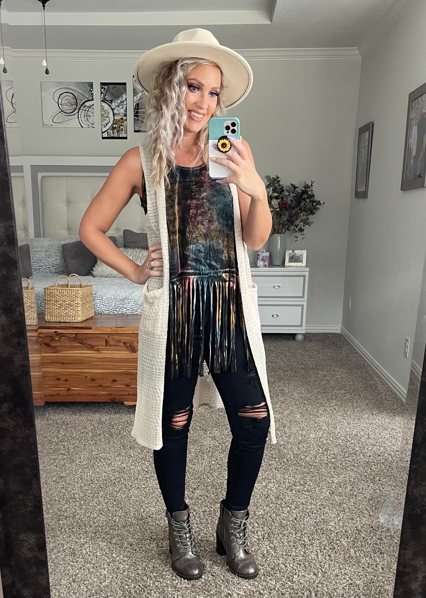 Tan open knit duster