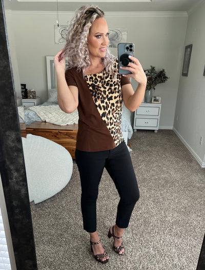 Lizzy Leopard Print Color Block Asymmetrical Neck Top