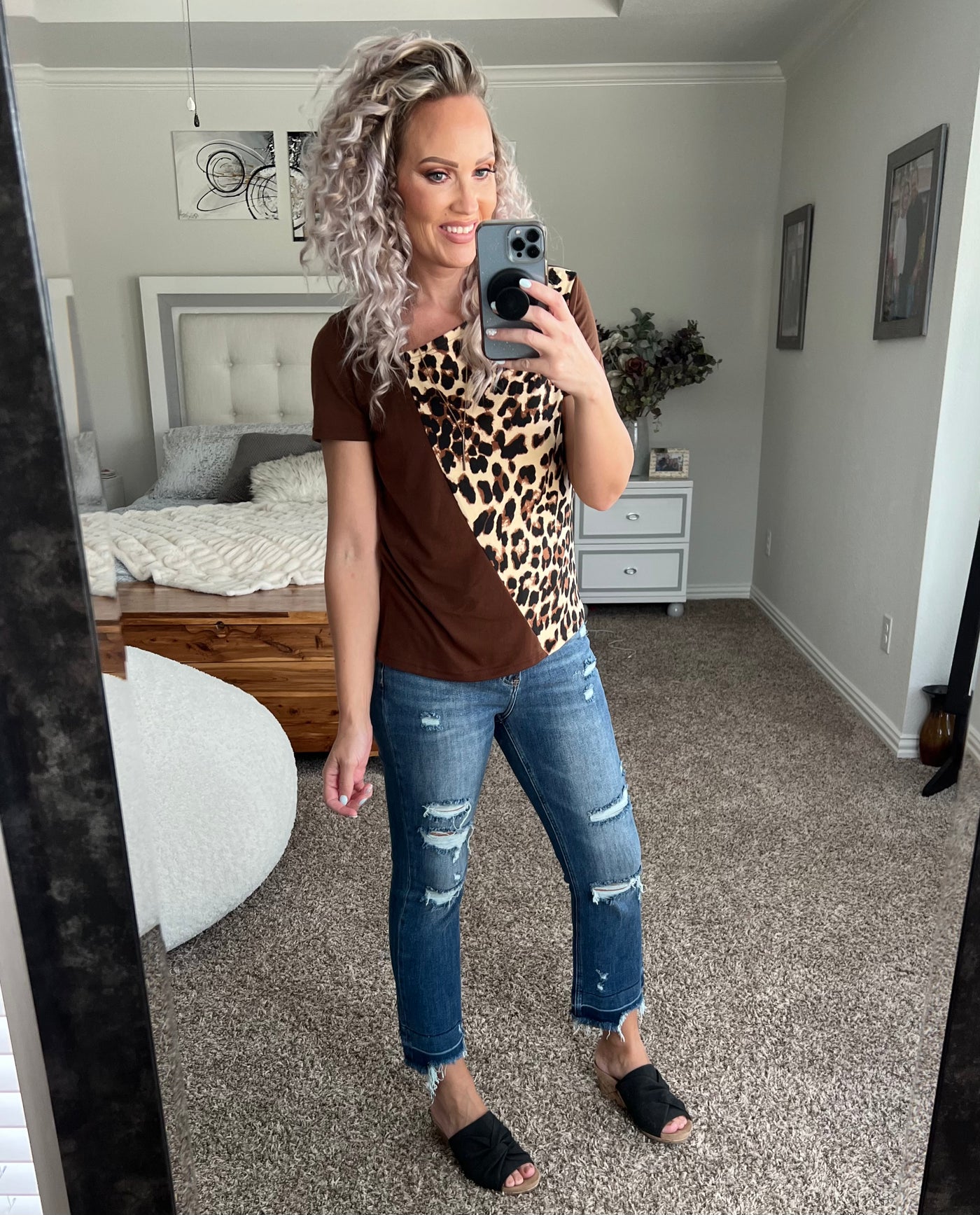 Lizzy Leopard Print Color Block Asymmetrical Neck Top