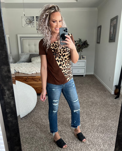 Lizzy Leopard Print Color Block Asymmetrical Neck Top