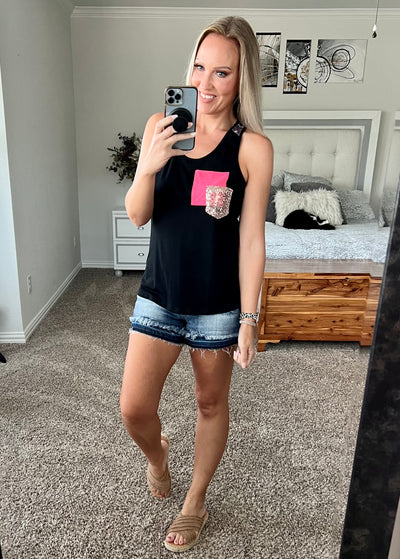 Tanisha Leopard Print Color Block Glitter Pocket Patch Tank