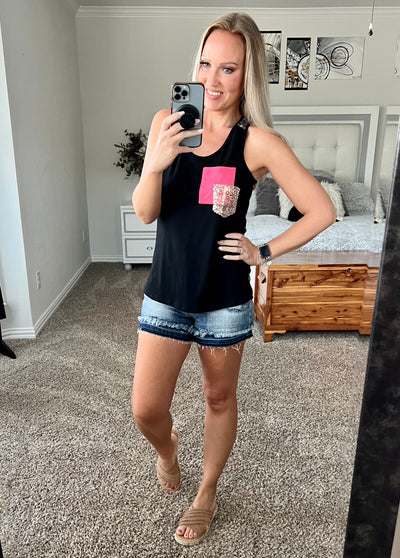 Tanisha Leopard Print Color Block Glitter Pocket Patch Tank