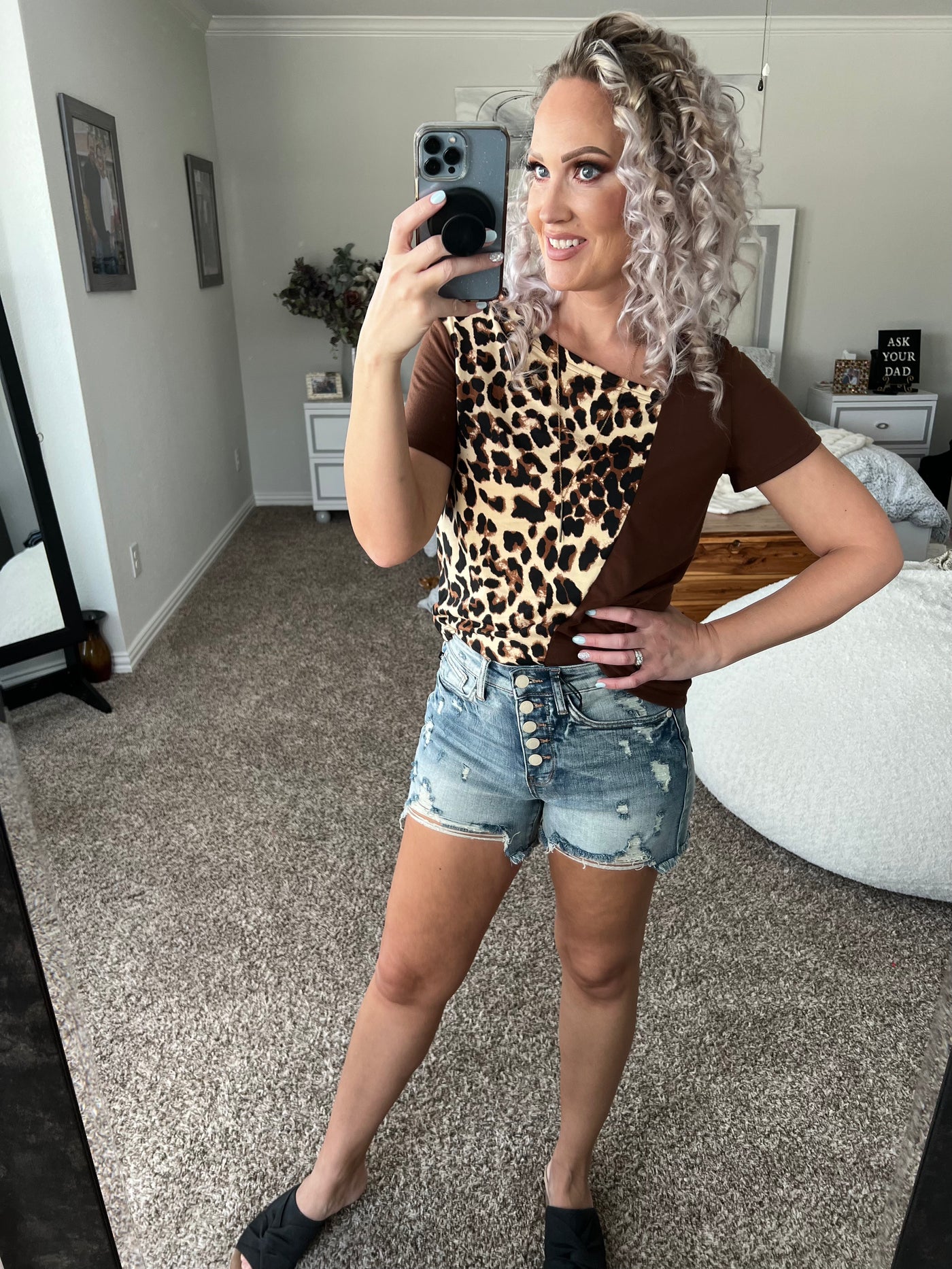 Lizzy Leopard Print Color Block Asymmetrical Neck Top