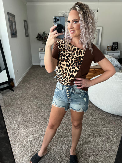 Lizzy Leopard Print Color Block Asymmetrical Neck Top