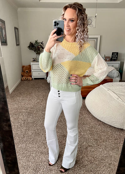 Serenity Yellow, sage and white color block sweater
