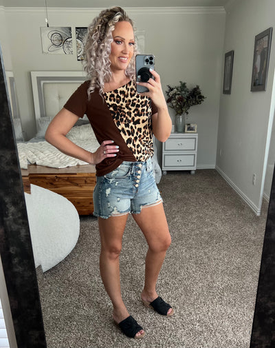 Lizzy Leopard Print Color Block Asymmetrical Neck Top