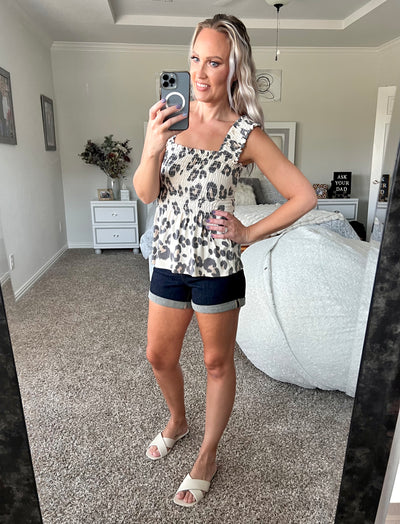 Lorielle Leopard Brushed Knit Smocked Peplum Top