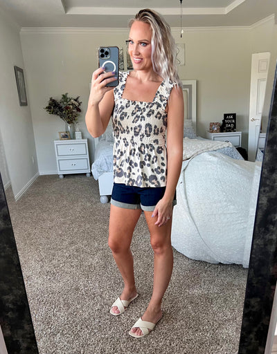 Lorielle Leopard Brushed Knit Smocked Peplum Top