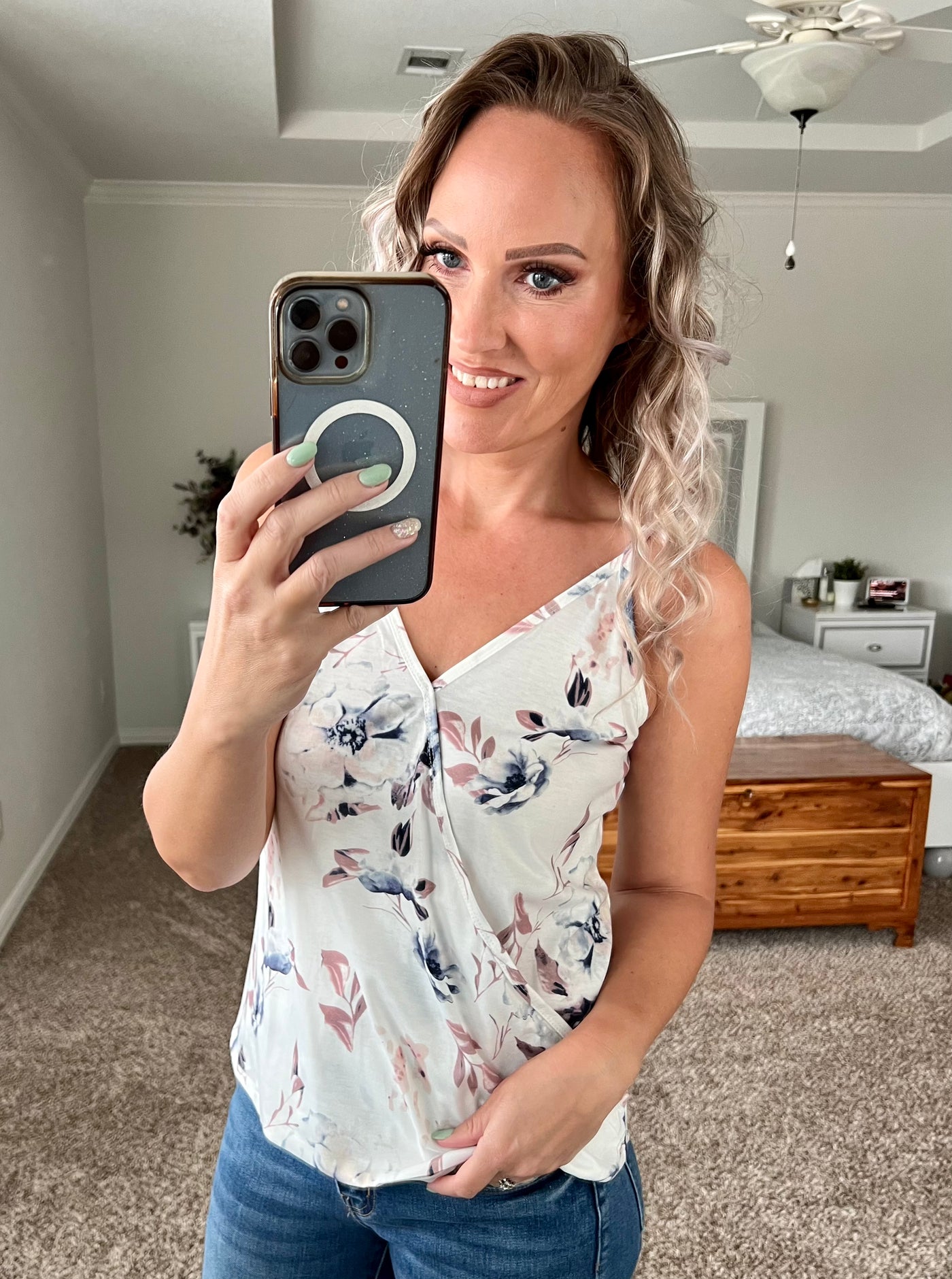 Angela Printed V-Neck Wrap Cami Top with adjustable straps