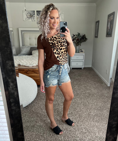 Lizzy Leopard Print Color Block Asymmetrical Neck Top